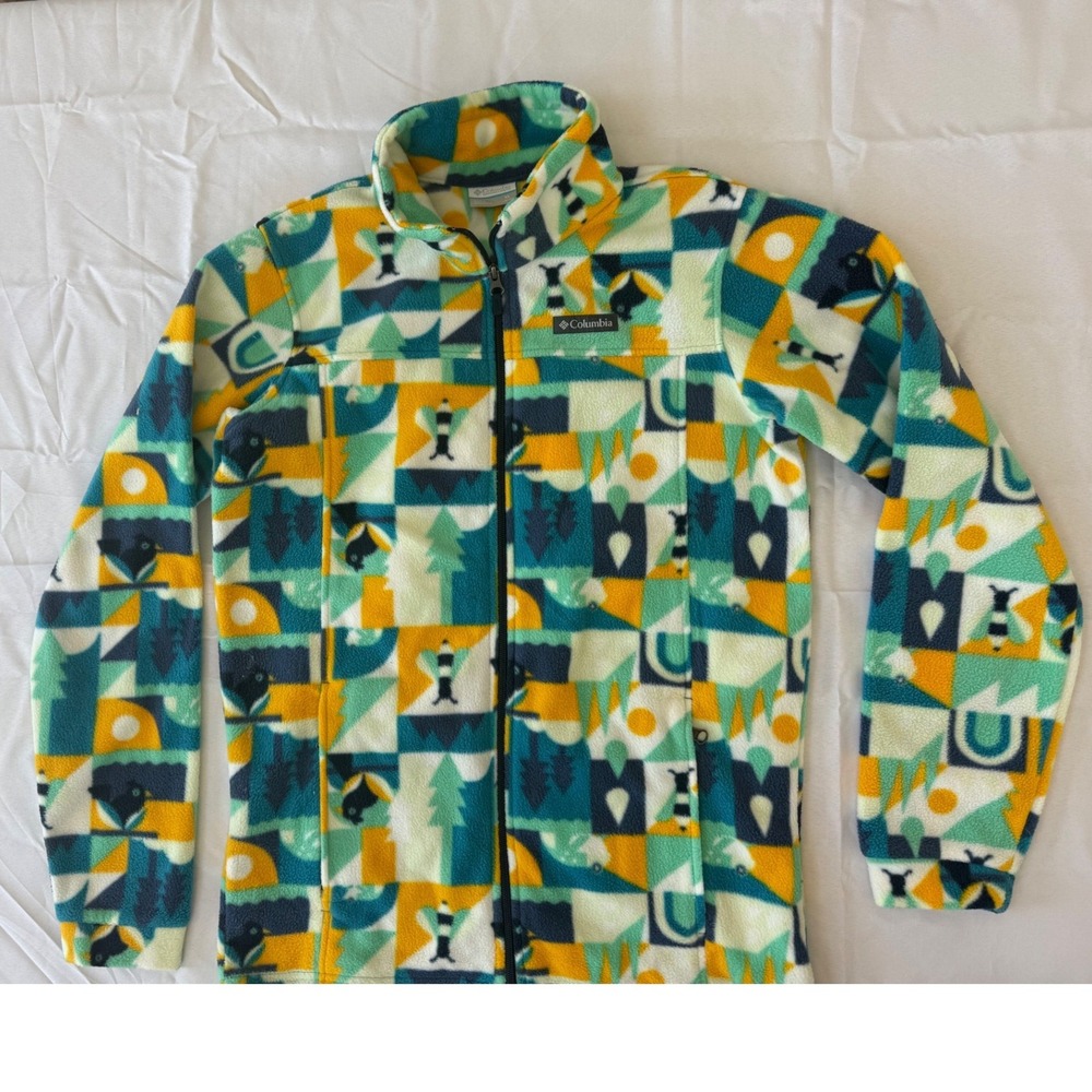 Columbia Boys XL Full Zip Fleece Jacket Yellow Geometric Warm Comfy Winter Fall